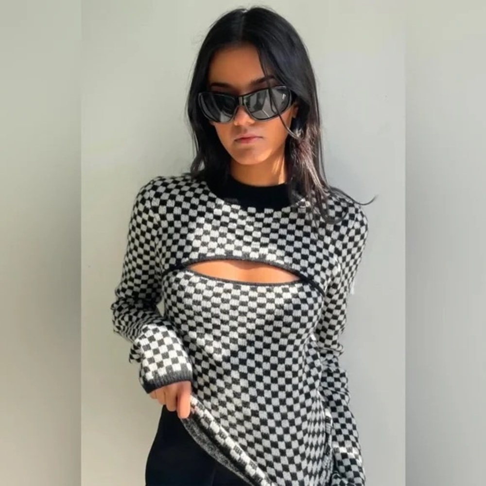 Oak + Fort Checkered Cream and Blue Cut-Out Sweater